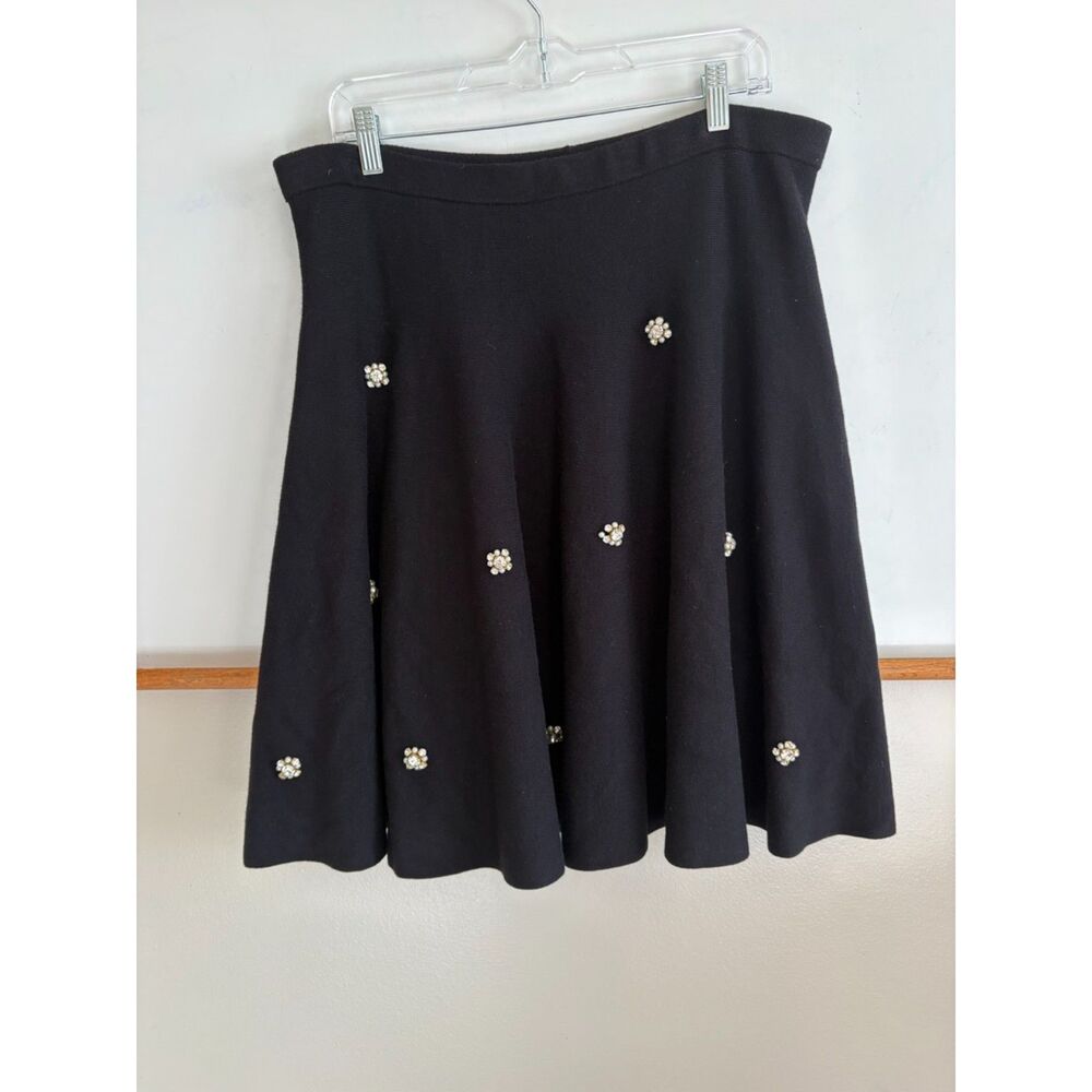 Chelsea & Theodore Black Knit Skirt w/ Rhinestone & Pearl Flowers, Size XL